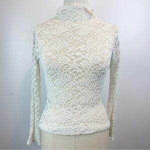 Y2k Floral burnout long sleeve white mesh turtleneck sheer top shirt blouse
